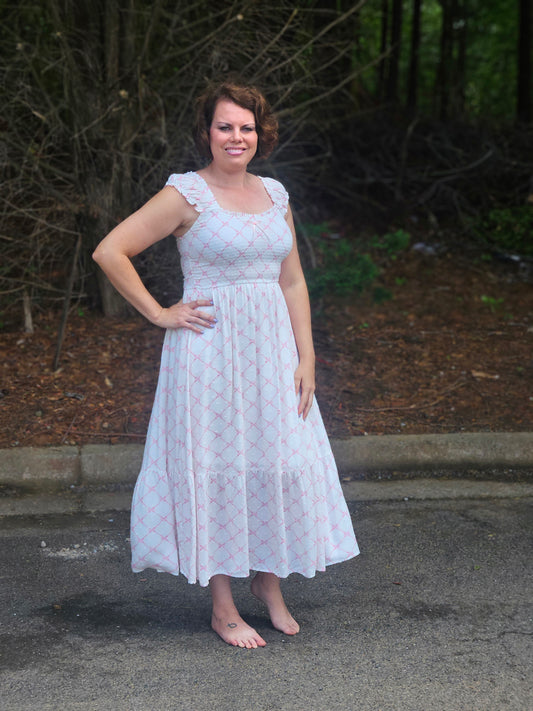 Bow Pattern Ruched Sleeve Smocked Midi Dress in Pink