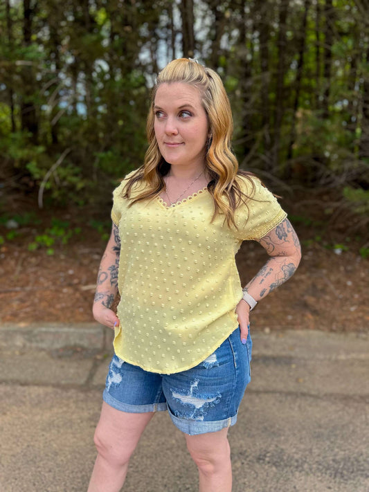 Swiss Dot Scallop Lace Trim Top in Yellow