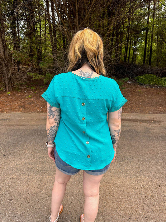 Swiss Dot Scallop Lace Trim Top in Teal