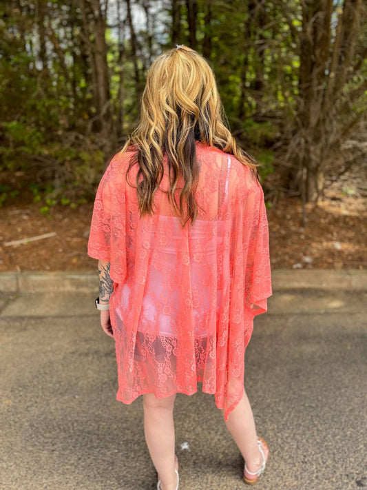 Lace Kimono in Coral