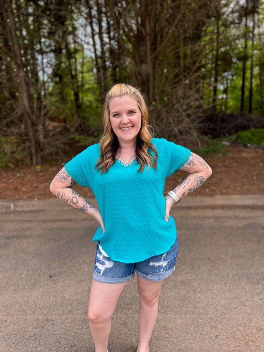 Swiss Dot Scallop Lace Trim Top in Teal