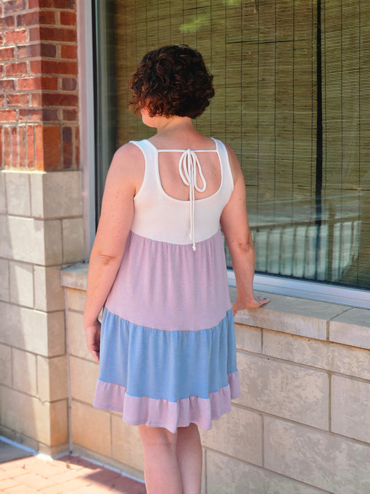 Sleeveless Color Block Swing Dress in Lavender and Teal