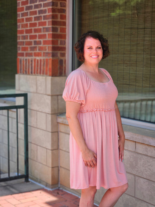 Puff Sleeve Square Neck Babydoll Dress in Peach