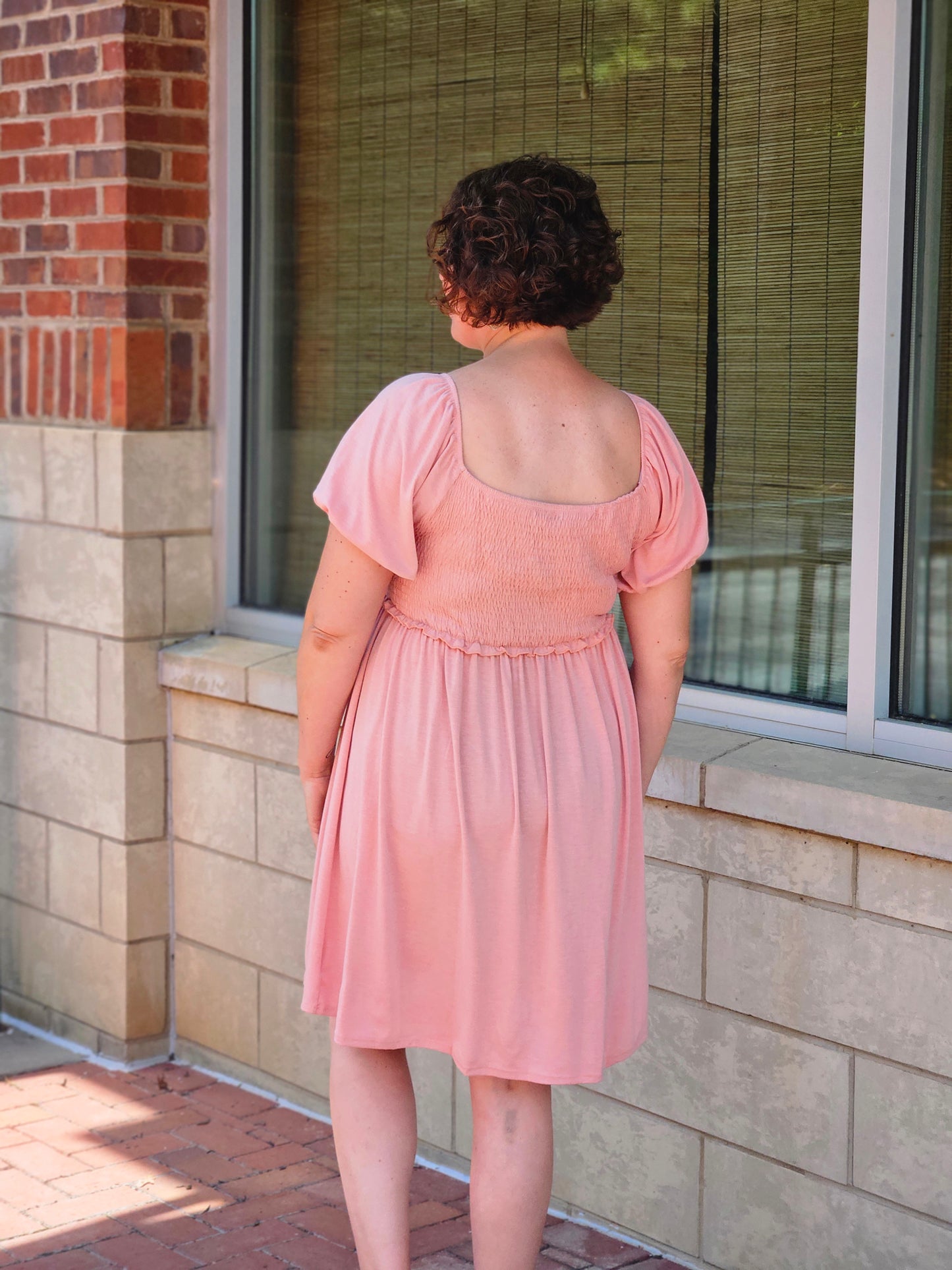 Puff Sleeve Square Neck Babydoll Dress in Peach