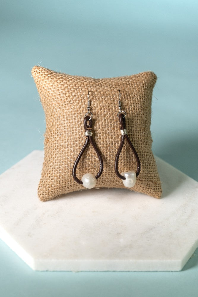 Leather Cord Dangle Earrings in Pearl