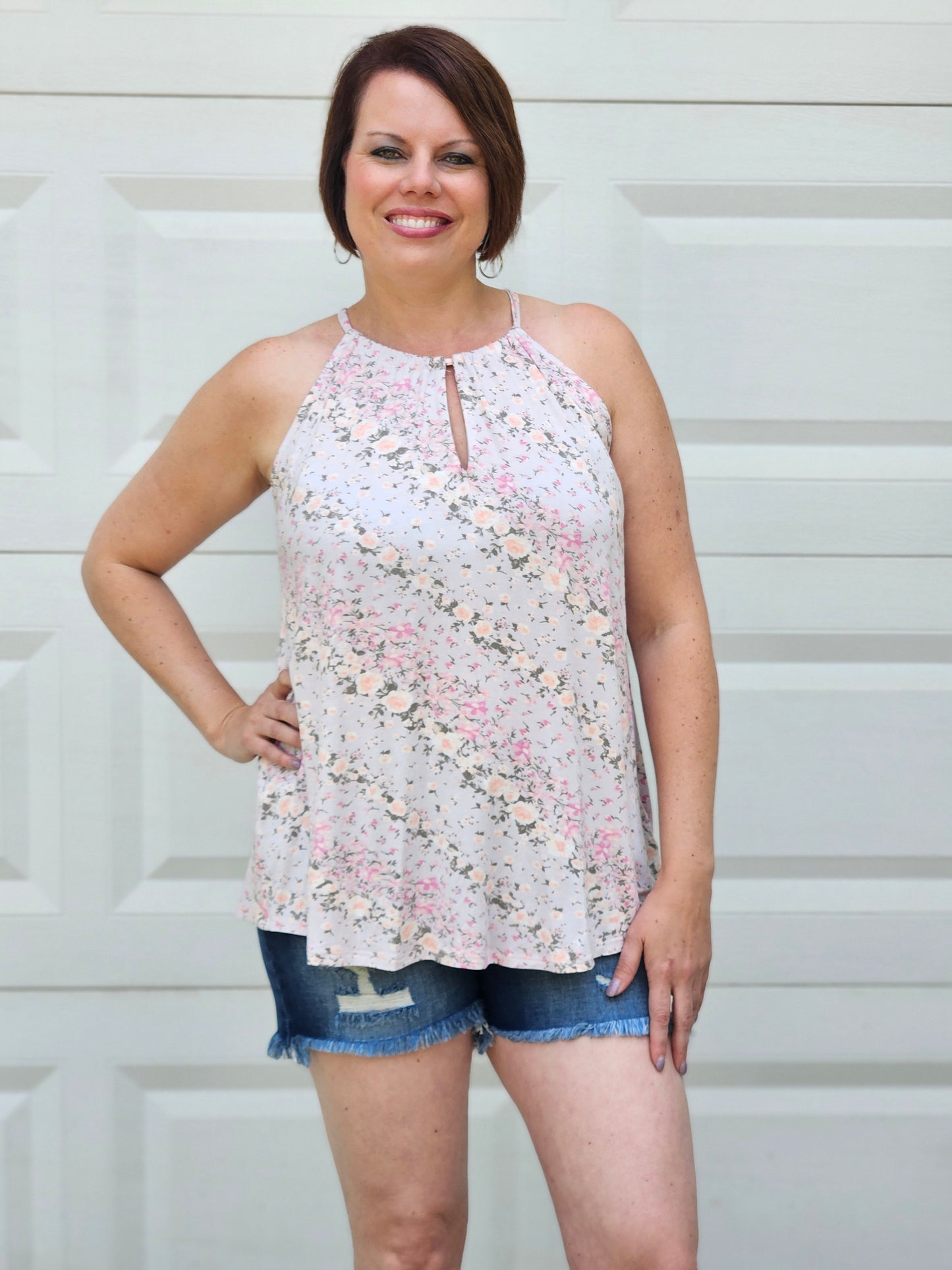 Floral Halter Tank Top in Blush
