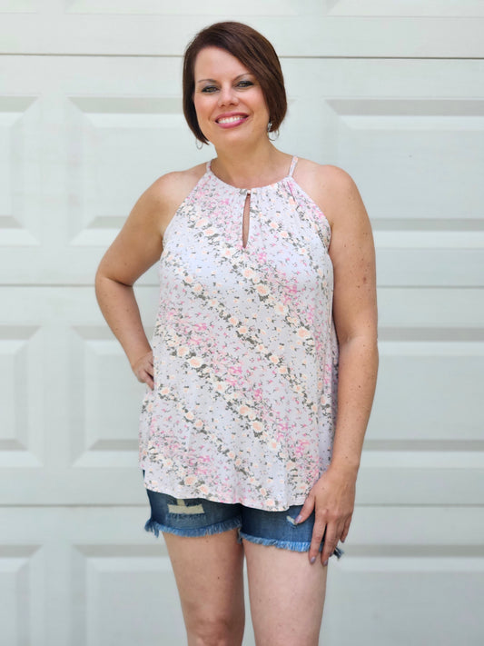 Floral Halter Tank Top in Blush