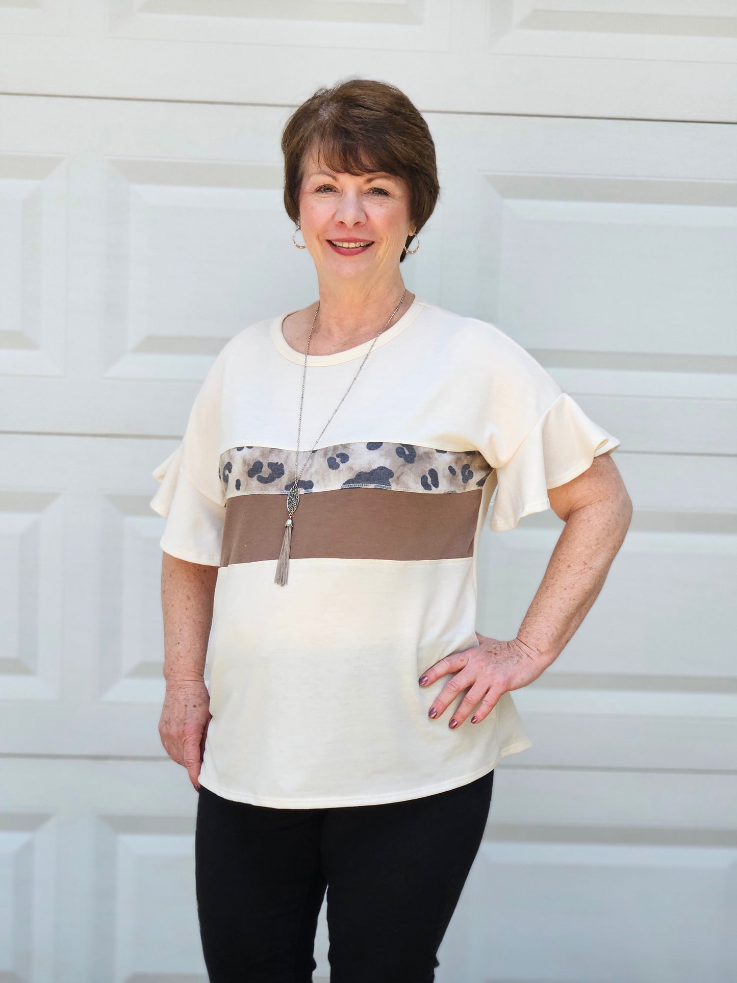 Animal Print Contrast Ruffled Sleeved Top in Cream