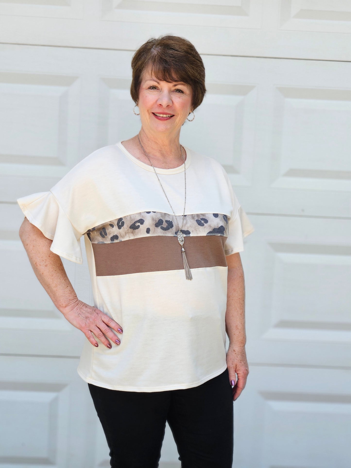 Animal Print Contrast Ruffled Sleeved Top in Cream