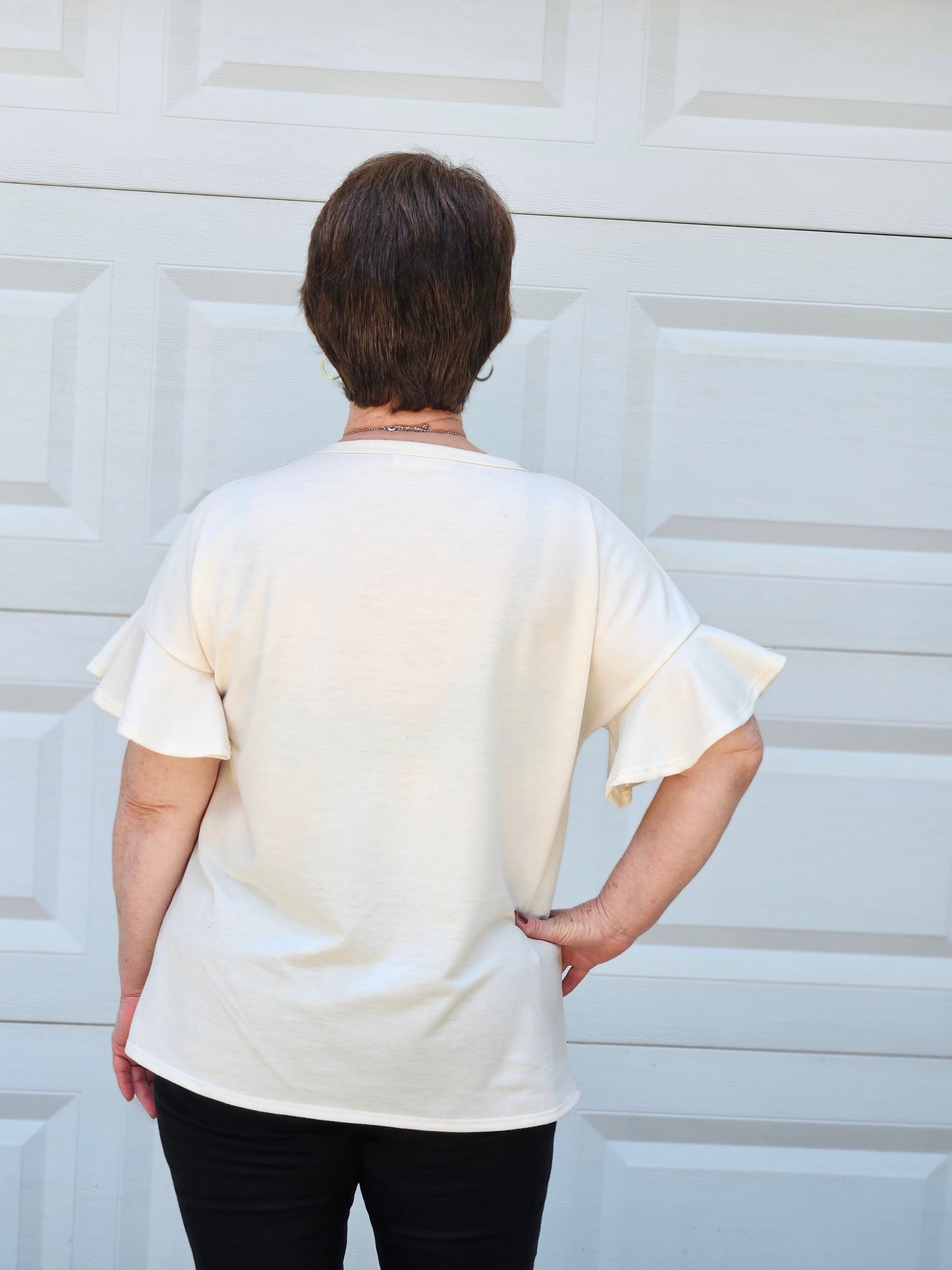 Animal Print Contrast Ruffled Sleeved Top in Cream