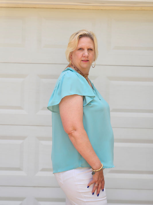 Lace V-Neck Woven Top in Jade