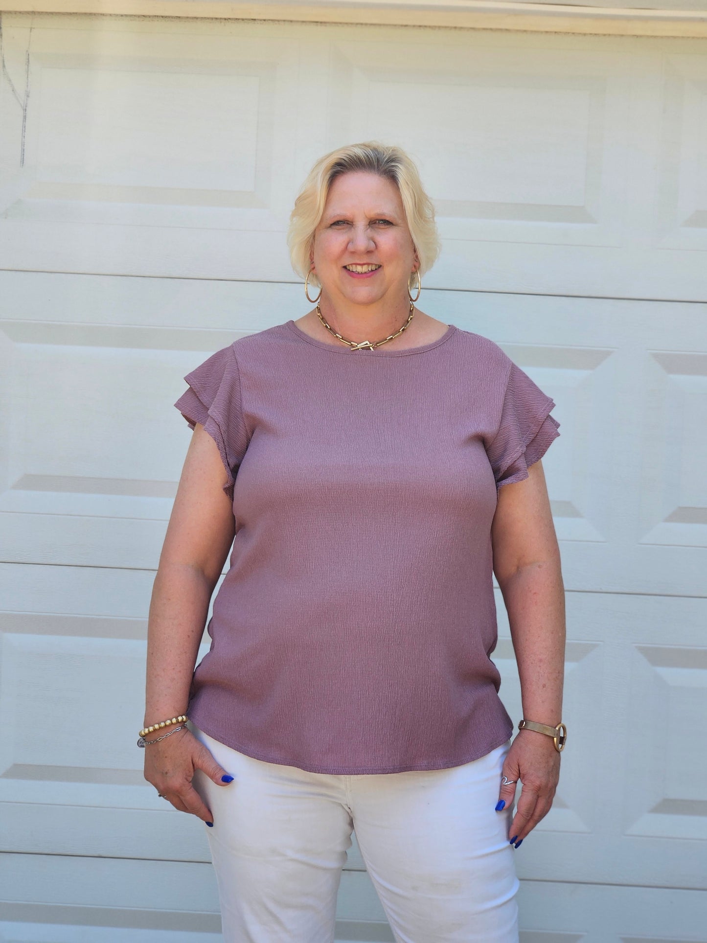 Crinkled Double Ruffle Sleeve Top in Mauve