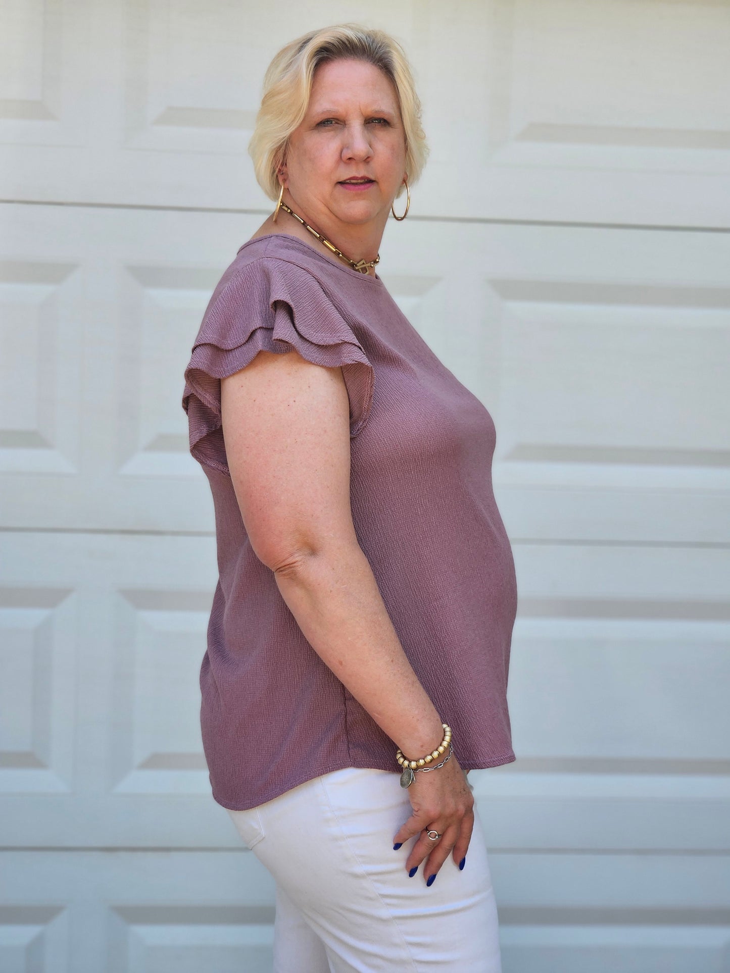 Crinkled Double Ruffle Sleeve Top in Mauve