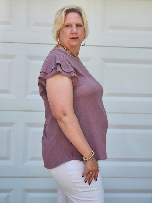 Crinkled Double Ruffle Sleeve Top in Lilac