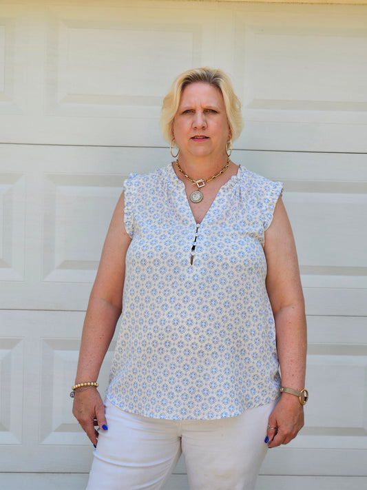 Tile Print Floral Sleeveless Woven Top in Blue