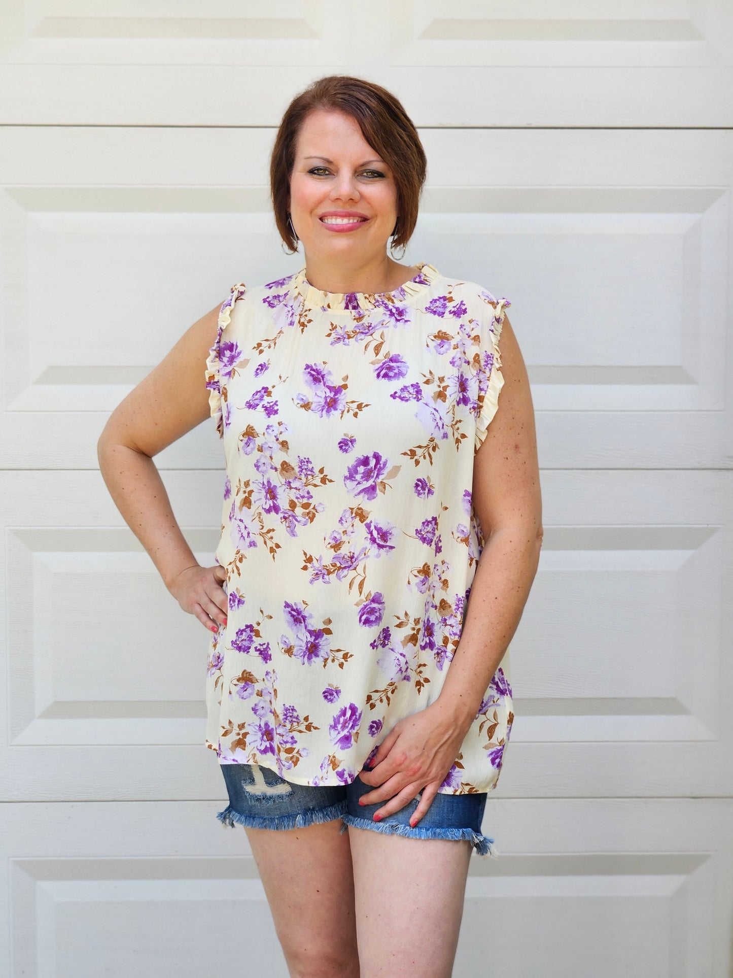 Ruffle Mock Neck Floral Sleeveless Top in Light Yellow