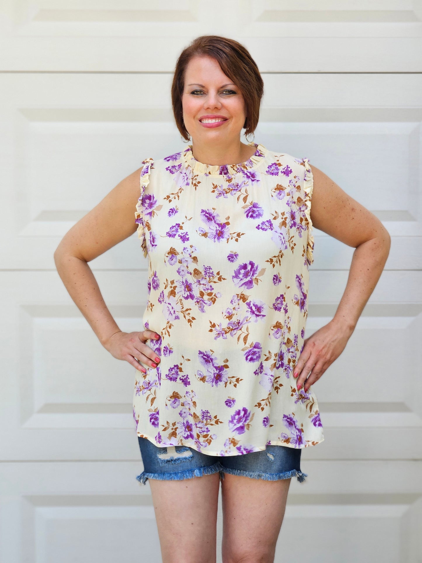 Ruffle Mock Neck Floral Sleeveless Top in Light Yellow