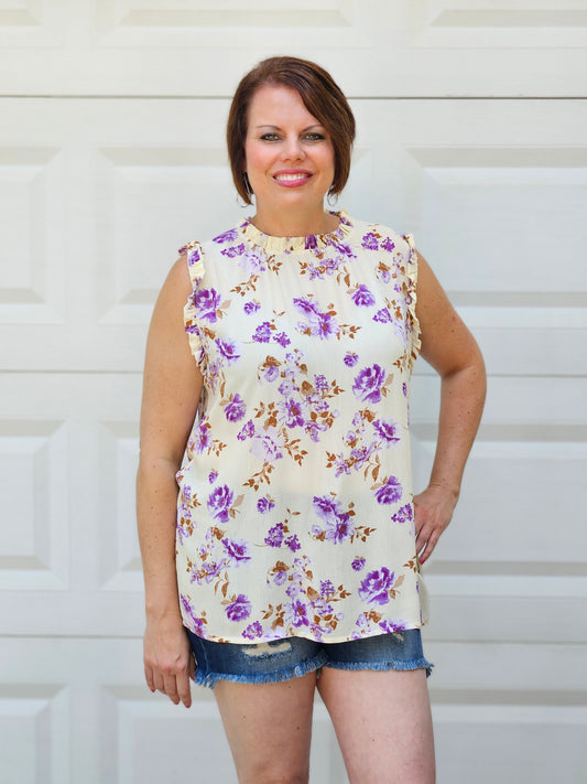 Ruffle Mock Neck Floral Sleeveless Top in Light Yellow