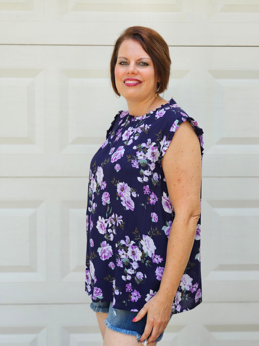 Ruffle Mock Neck Floral Sleeveless Top in Navy