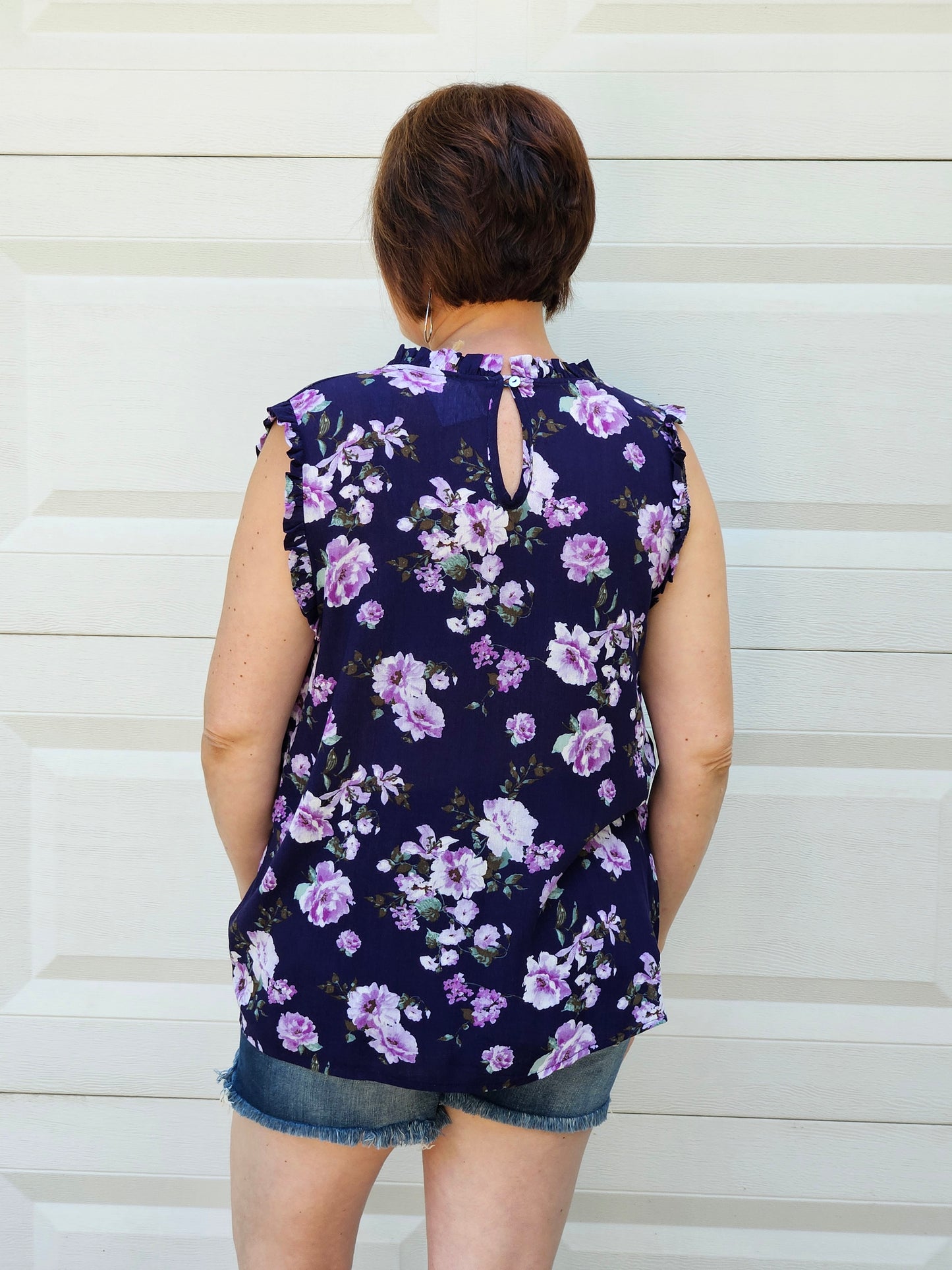 Ruffle Mock Neck Floral Sleeveless Top in Navy