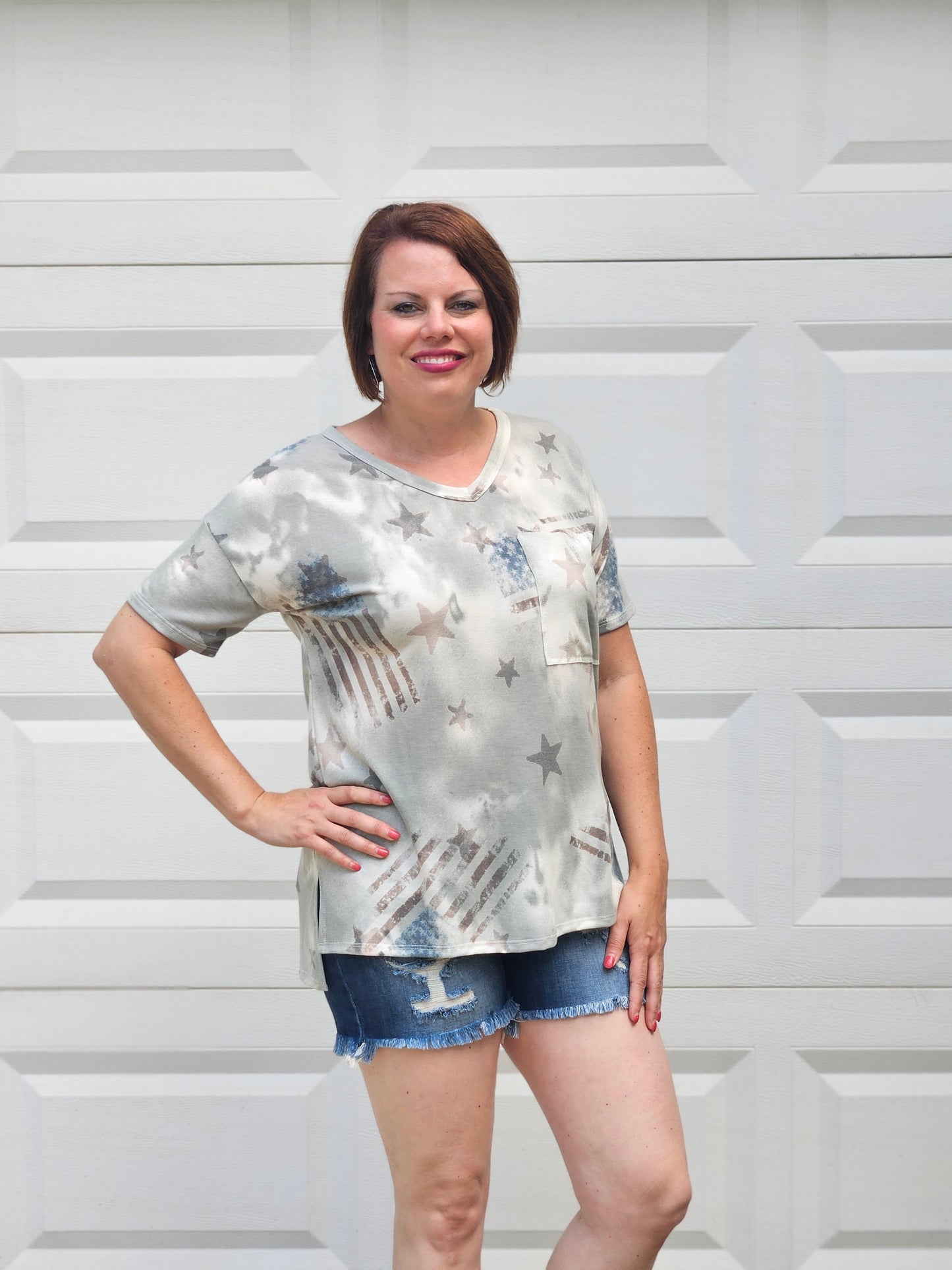 American Flag Striped Print Top in Olive