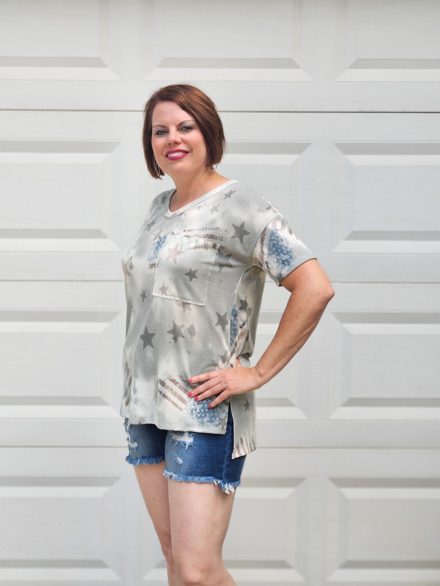 American Flag Striped Print Top in Olive