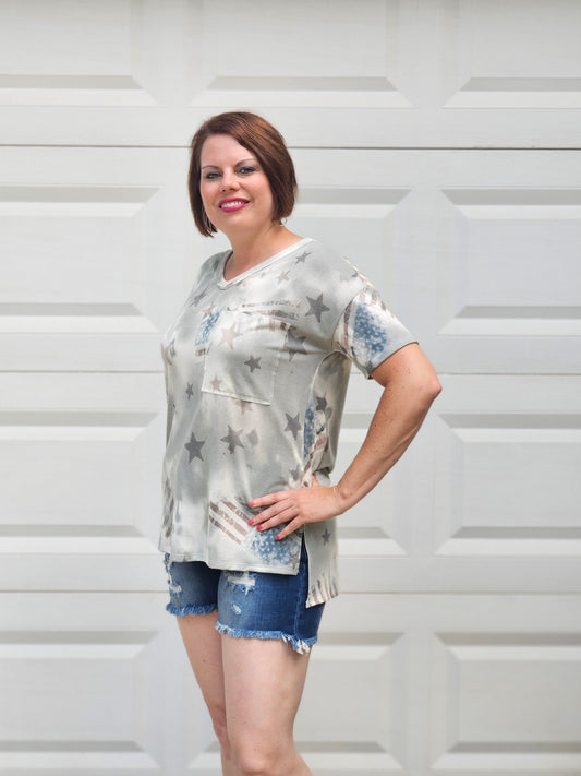 American Flag Striped Print Top in Olive