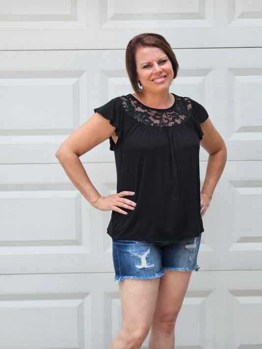 Flutter Short Sleeve Lace Top in Black