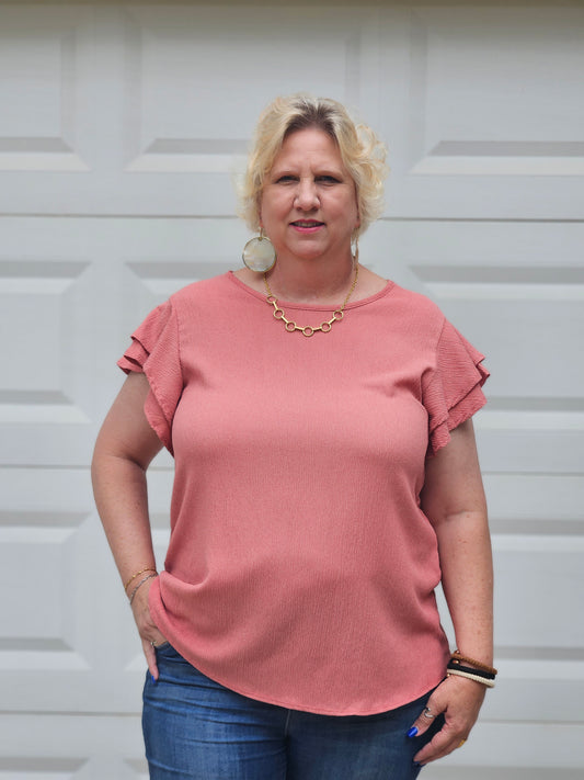 Crinkled Double Ruffle Sleeve Top in Peach
