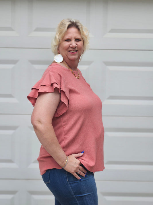 Crinkled Double Ruffle Sleeve Top in Peach