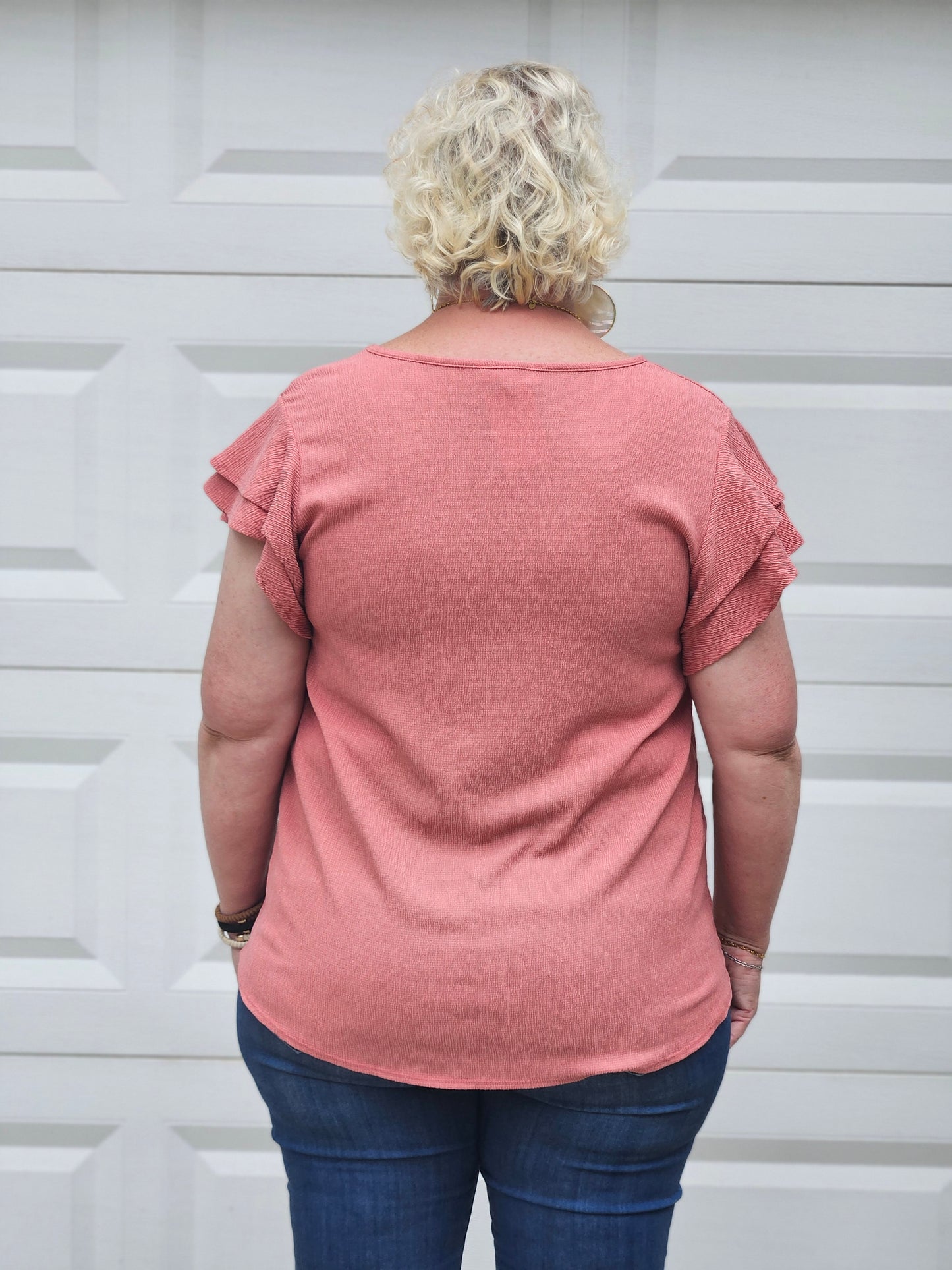 Crinkled Double Ruffle Sleeve Top in Peach