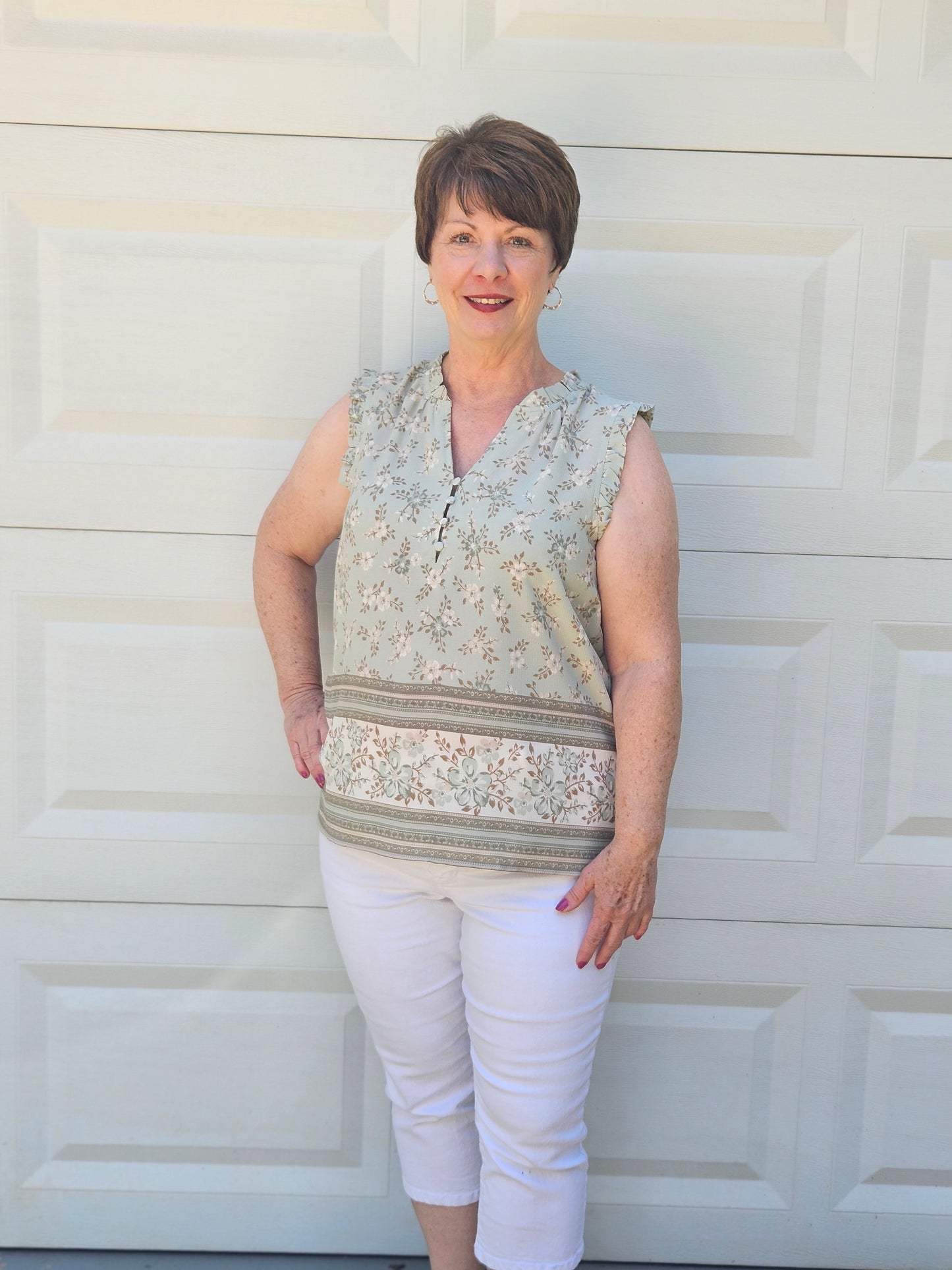 Floral Border Print Top in Mint