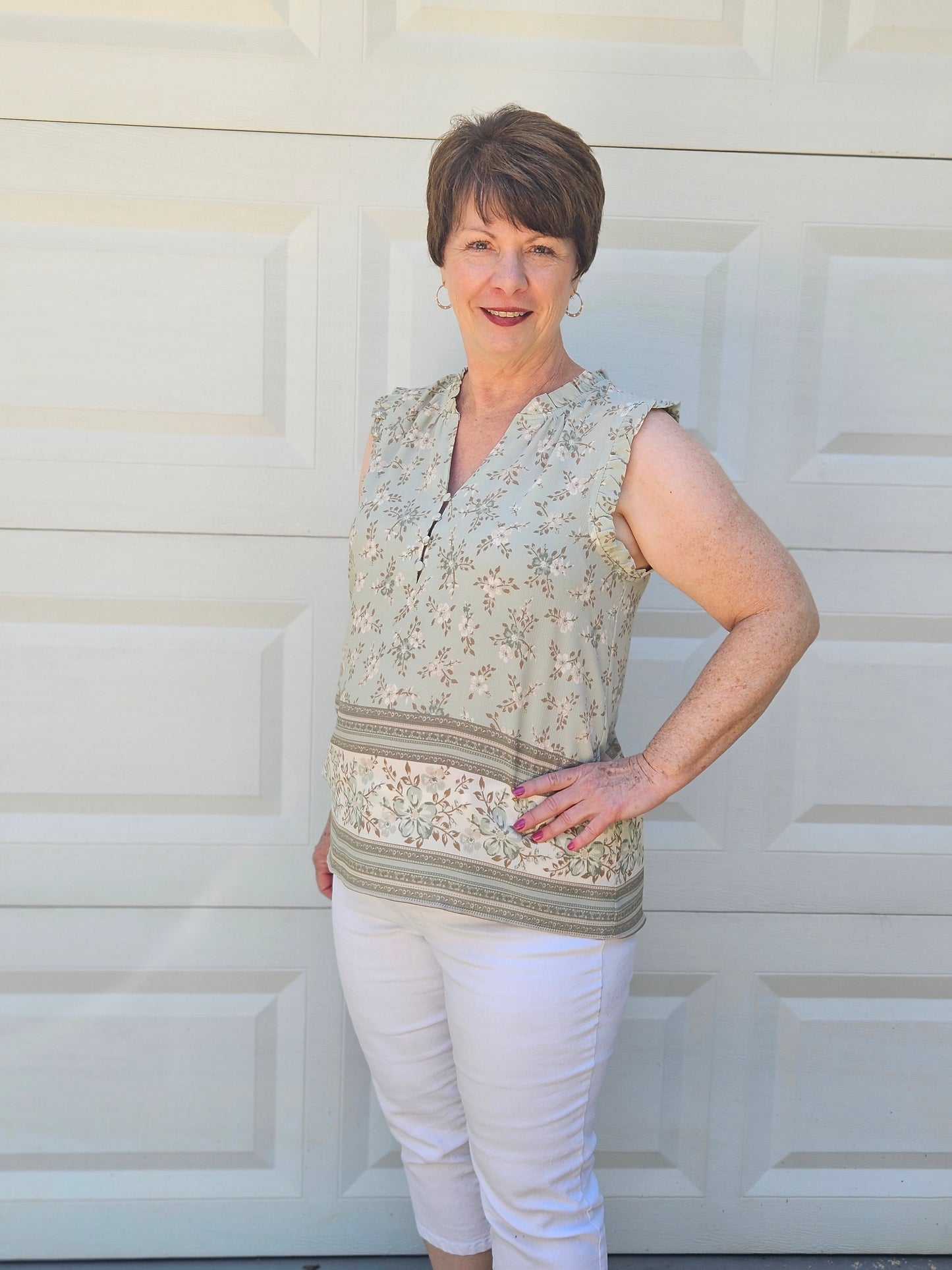 Floral Border Print Top in Mint