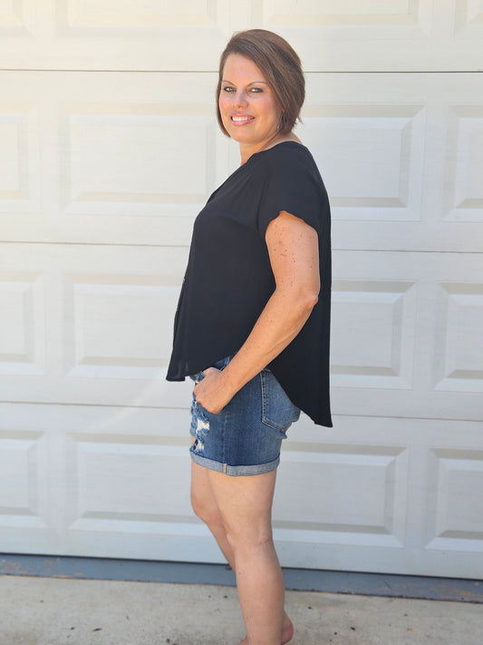 Rolled Sleeve Woven Top in Black