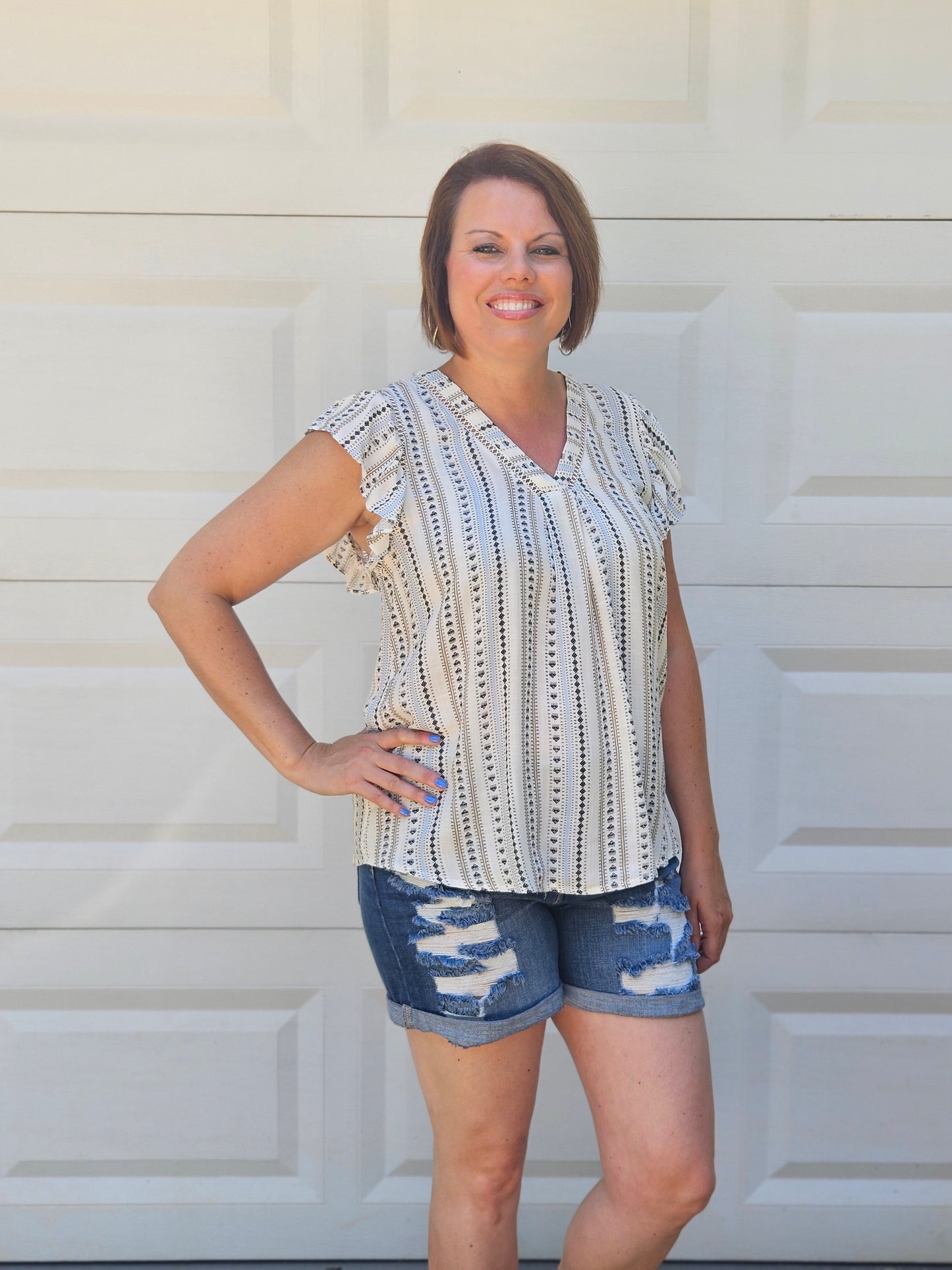 Geometric Print Ruffle Sleeve Top in Ivory