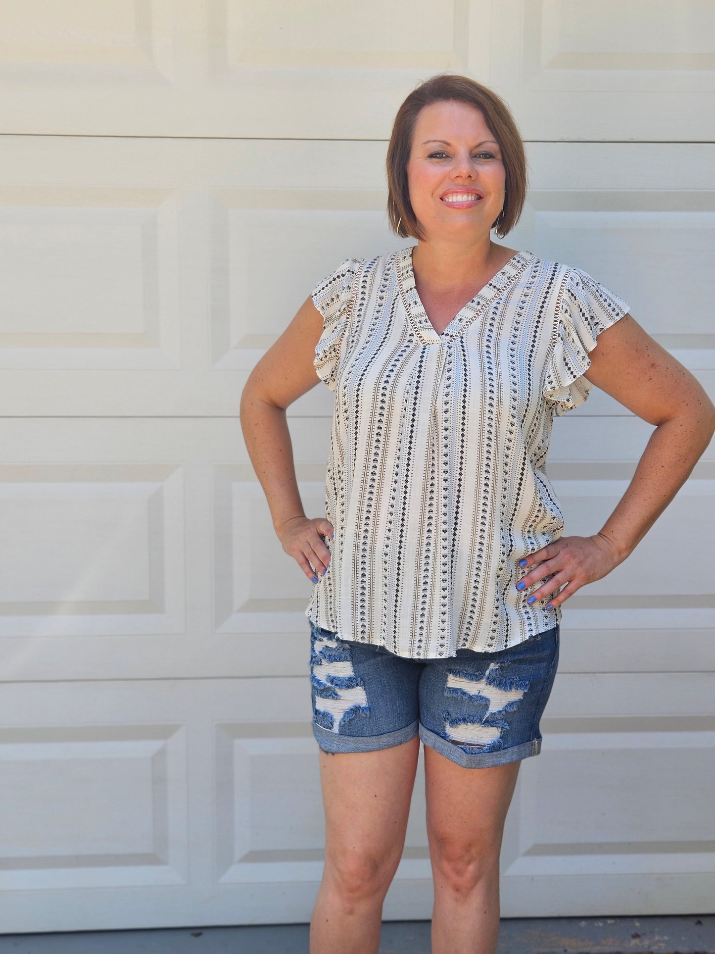 Geometric Print Ruffle Sleeve Top in Ivory