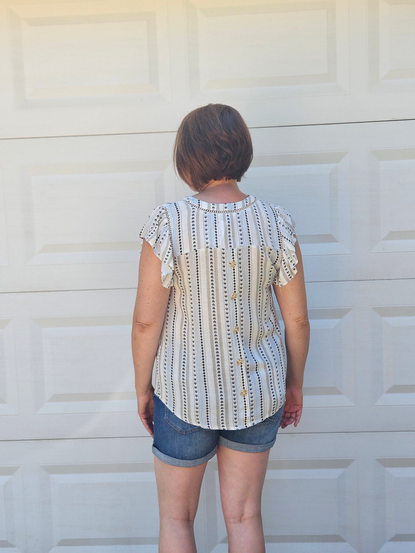 Geometric Print Ruffle Sleeve Top in Ivory