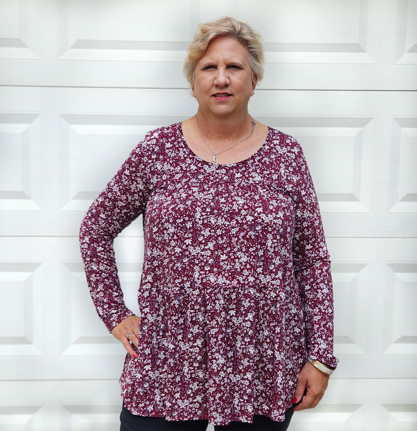 Long Sleeve Tiered Floral Top in Burgundy
