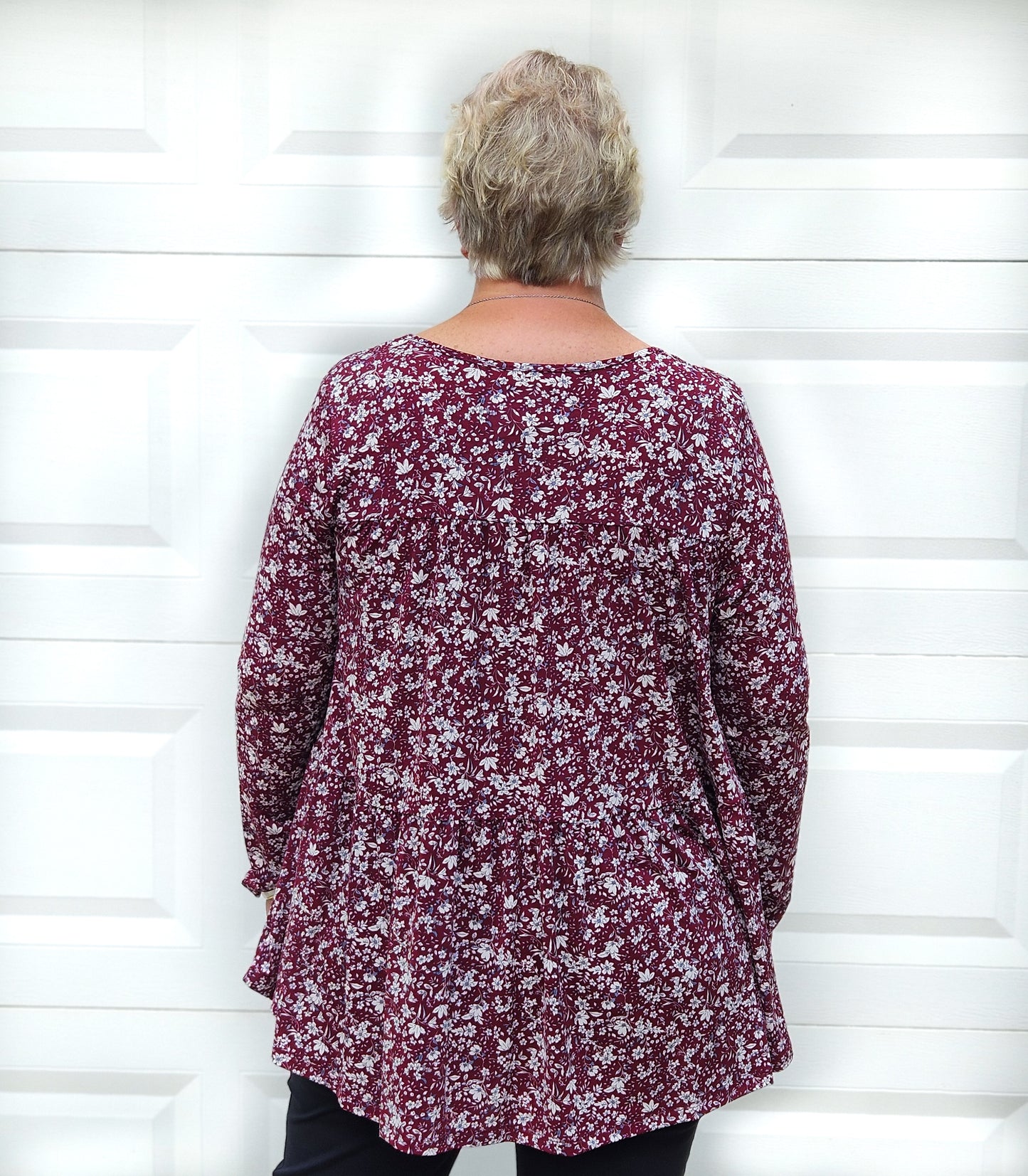 Long Sleeve Tiered Floral Top in Burgundy