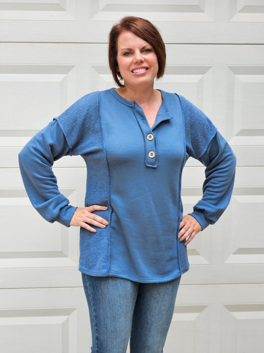 Long Puff Sleeve Reverse Contrast Top in Slate Blue