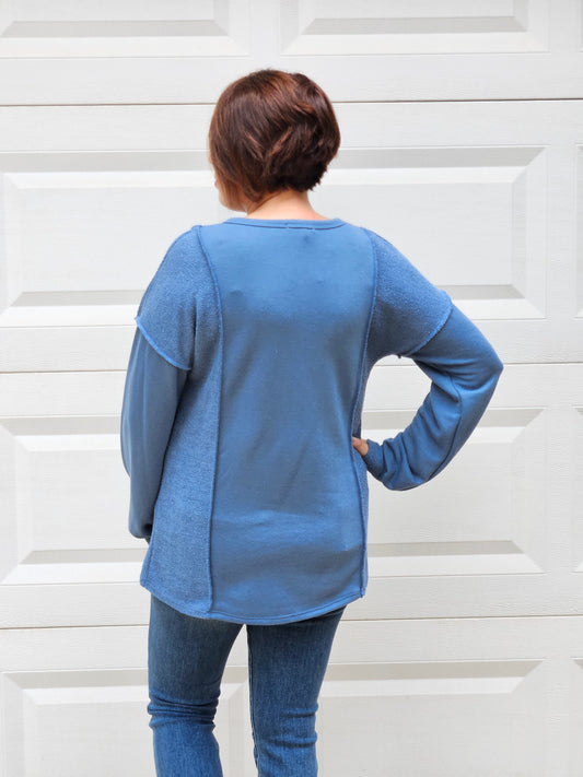 Long Puff Sleeve Reverse Contrast Top in Slate Blue