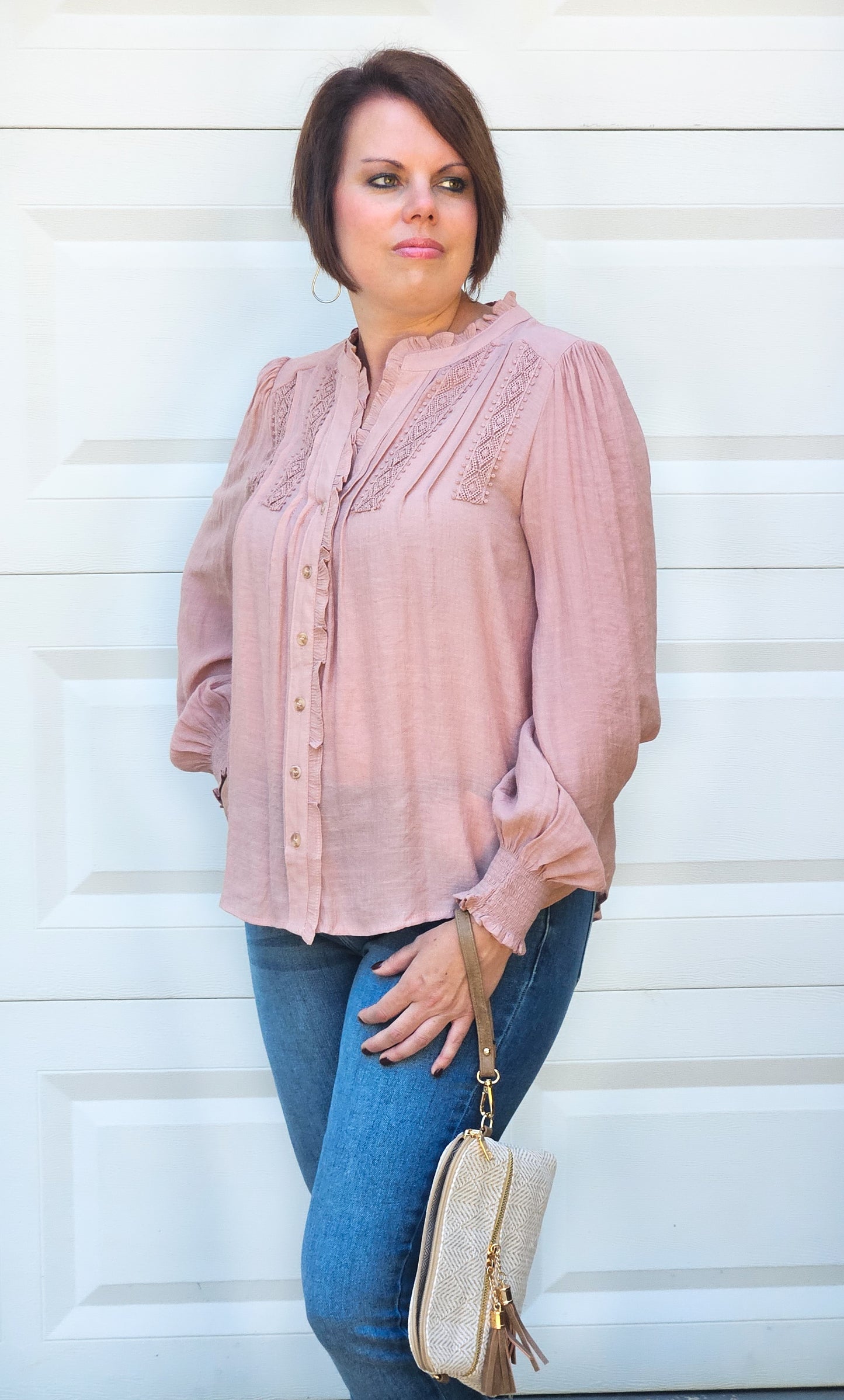 Button Up Split Neck Top in Mauve