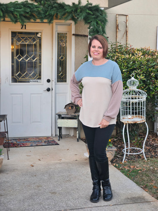 Color Block Top in Moss / Oatmeal / Mocha