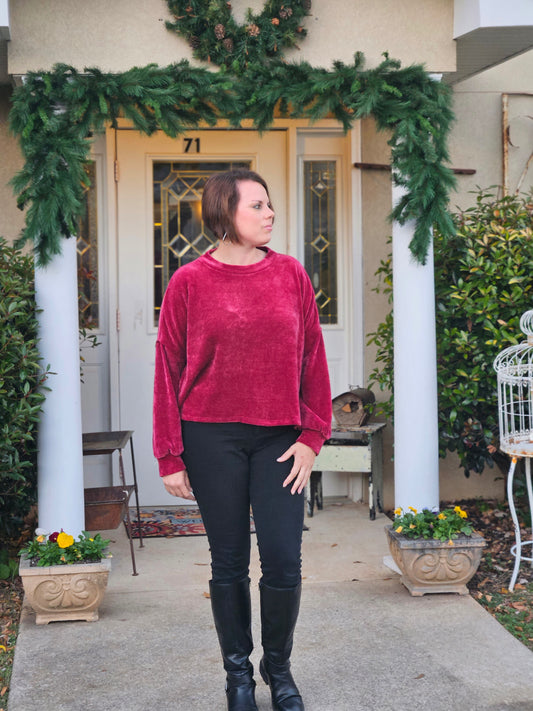 Long Balloon Sleeve Chenille Top in Burgundy