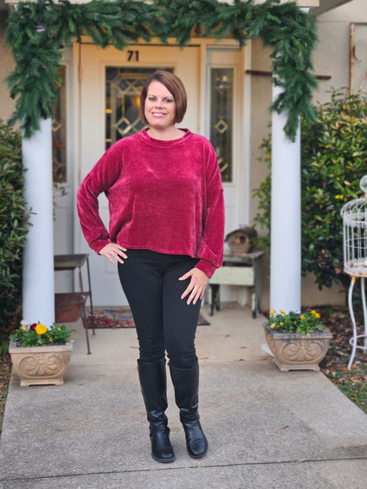 Long Balloon Sleeve Chenille Top in Burgundy