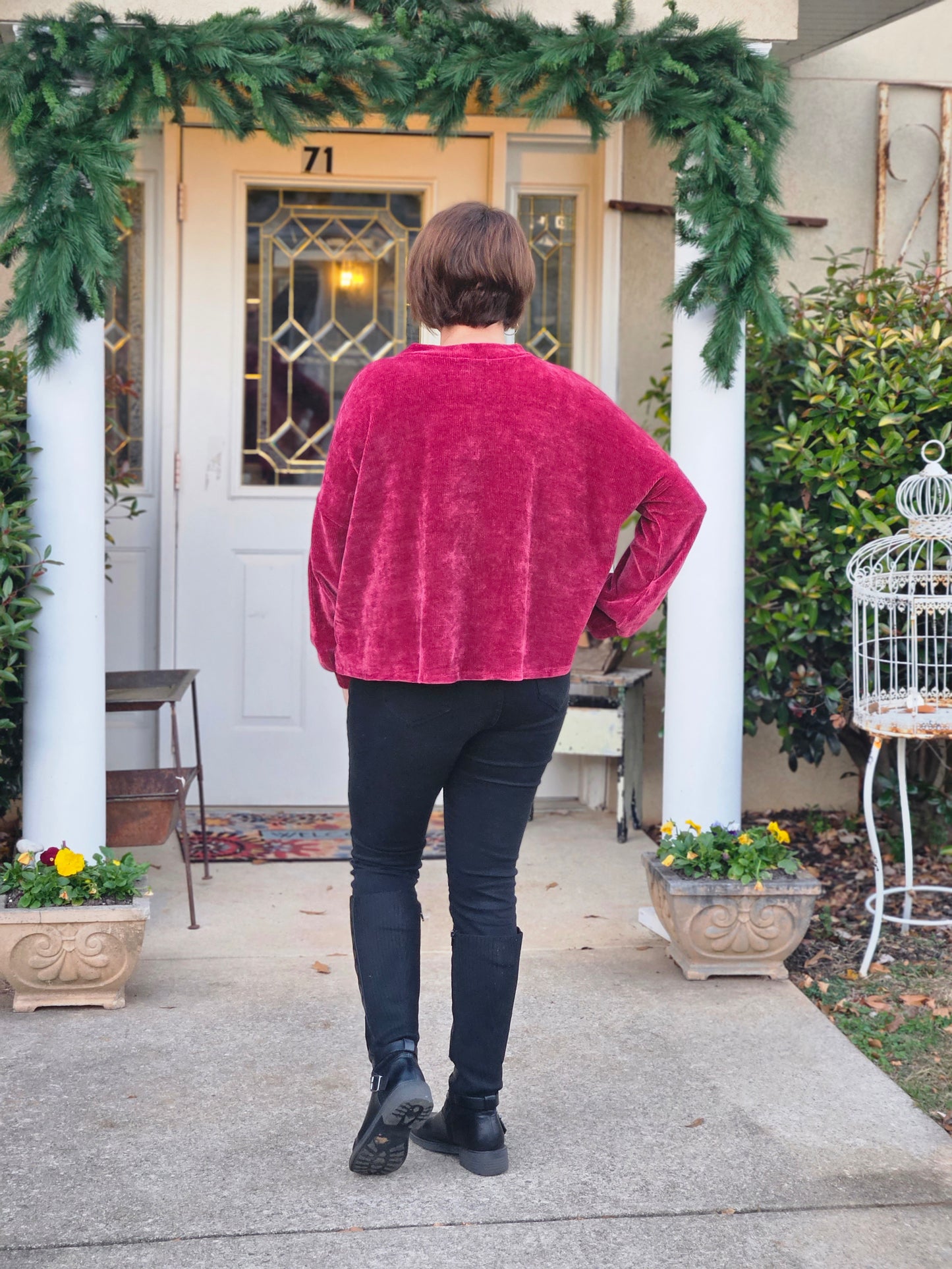 Long Balloon Sleeve Chenille Top in Burgundy
