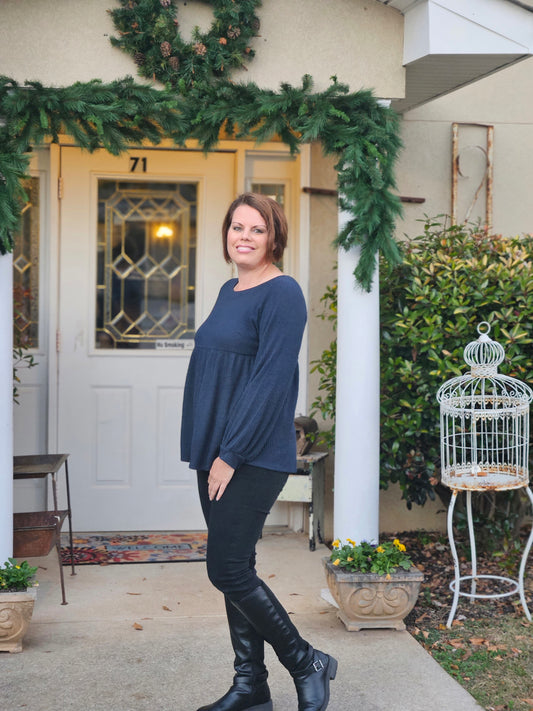 Waffle Knit Long Sleeve Top in Navy