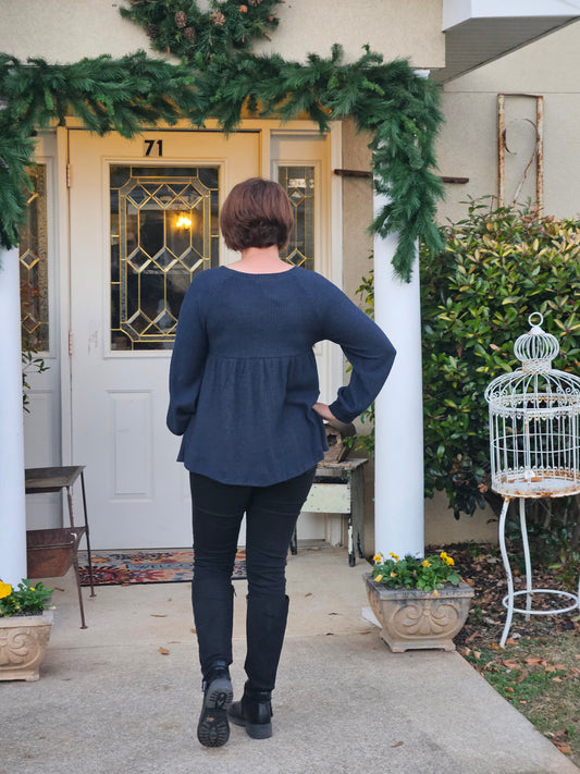 Waffle Knit Long Sleeve Top in Navy