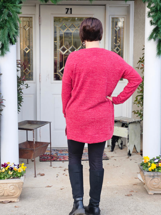 Long Sleeve Pullover Tunic Sweater in Burgundy