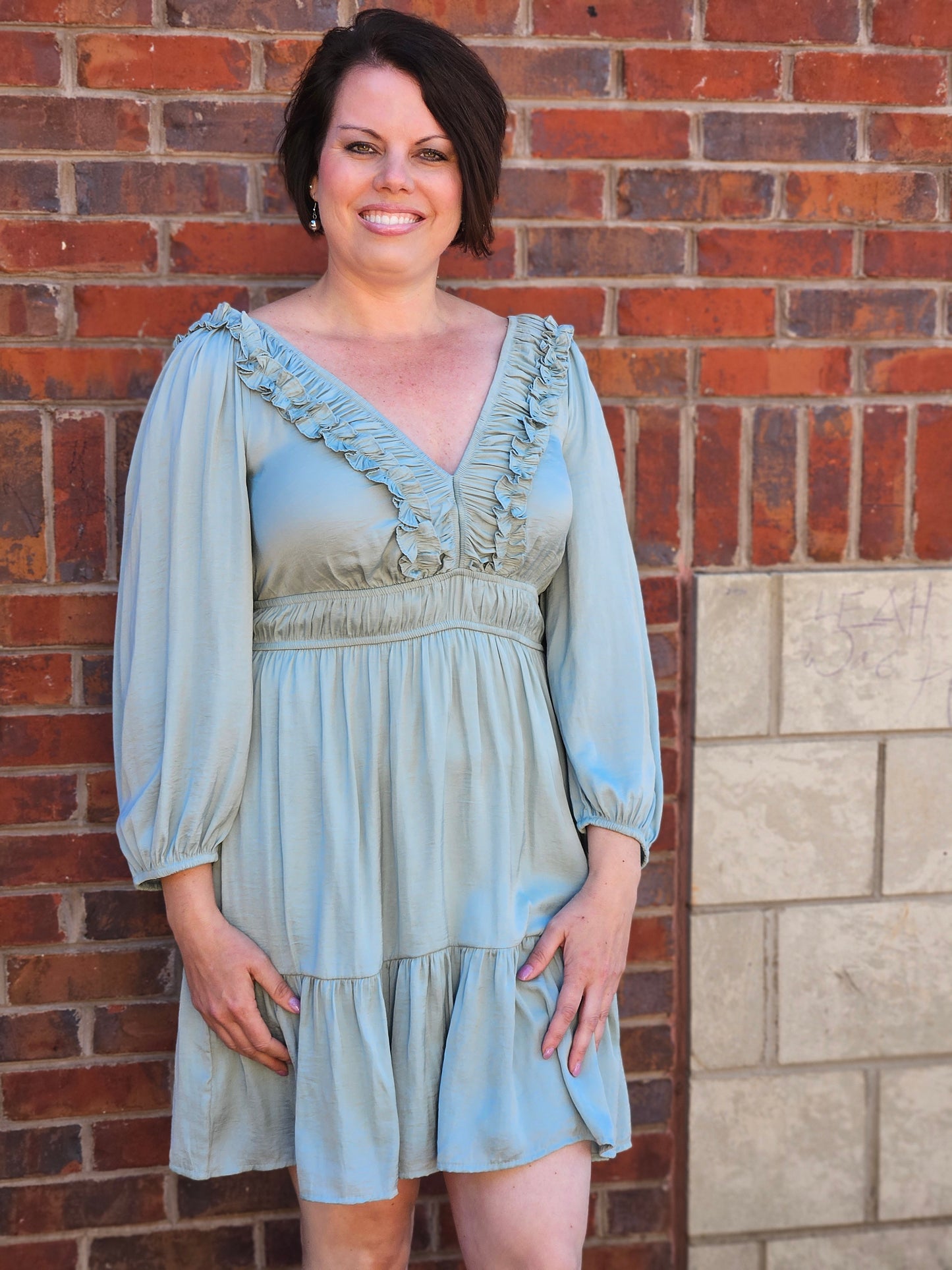 Ruffle V-Neck Mini Dress in Sage
